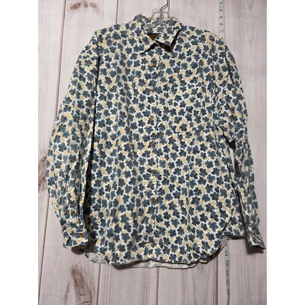 Eddie Bauer Shirt Mens Large Blue Beige Leaf Print Button Up Long Sleeve Vintage